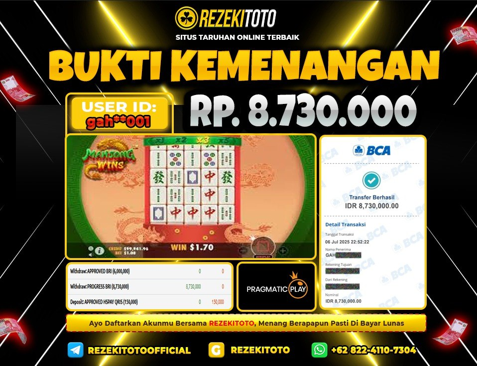BUKTI KEMENANGAN 06 JULI 2025 MAHJONG WINS 1 8 JUTA