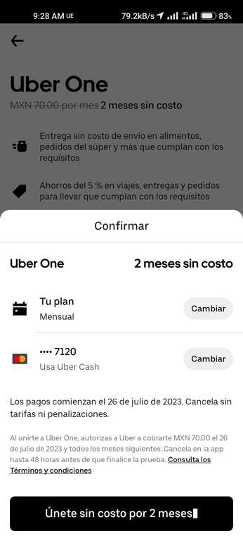 Uber Eats: Uber One 2 meses sin costo (usuarios seleccionados supongo)