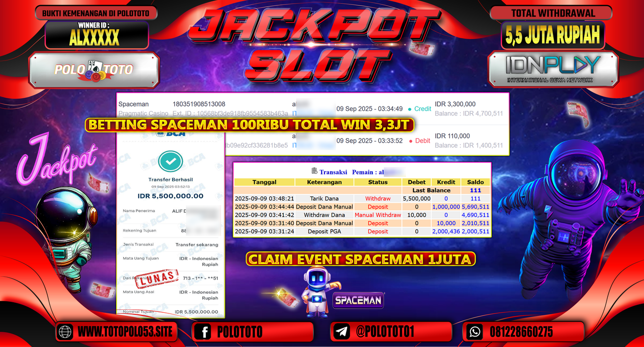 POLOTOTO JACKPOT SLOT SPACEMAN Rp.5.500.000,-