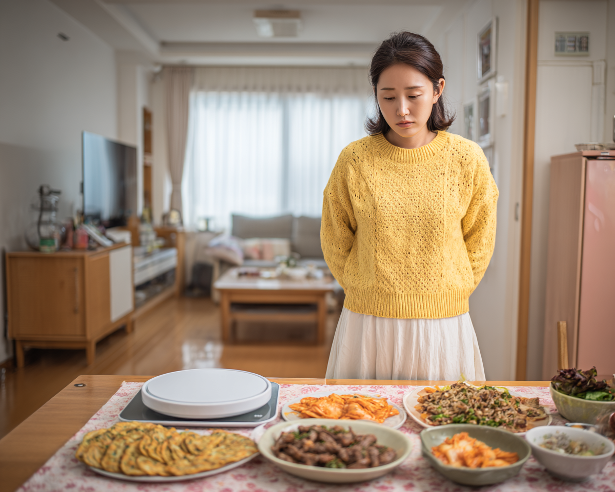 명절 후 체중계를 걱정스럽게 바라보는 모습 - 설 연휴 체중 관리 고민