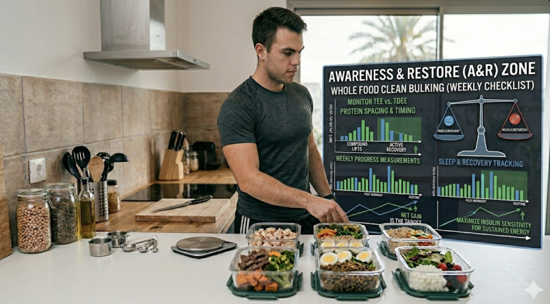 Clean bulking nutrition meal with lean protein, complex carbohydrates and vegetables for sustained energy and preventing weakness during bulking