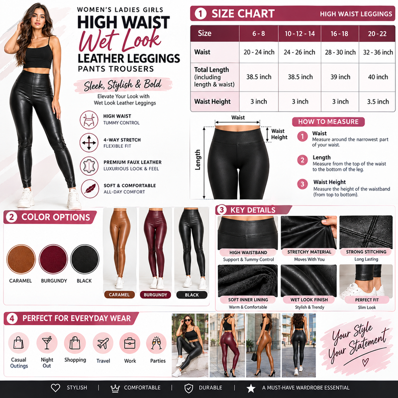 WOMEN'S LADIES GIRLS HIGH WAIST SKINNY WET LOOK BLACK ARTIFICIAL LEATHER LEGGINGS PANTS TROUSERS