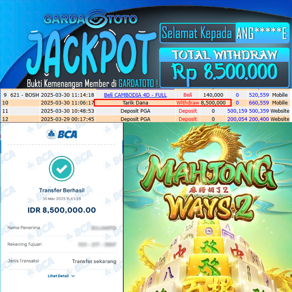 JACKPOT SLOT MAIN DI SLOT MAHJONG WAYS 2 WD Rp 8.500.000,- DIBAYAR LUNAS GARDATOTO MANTAP !