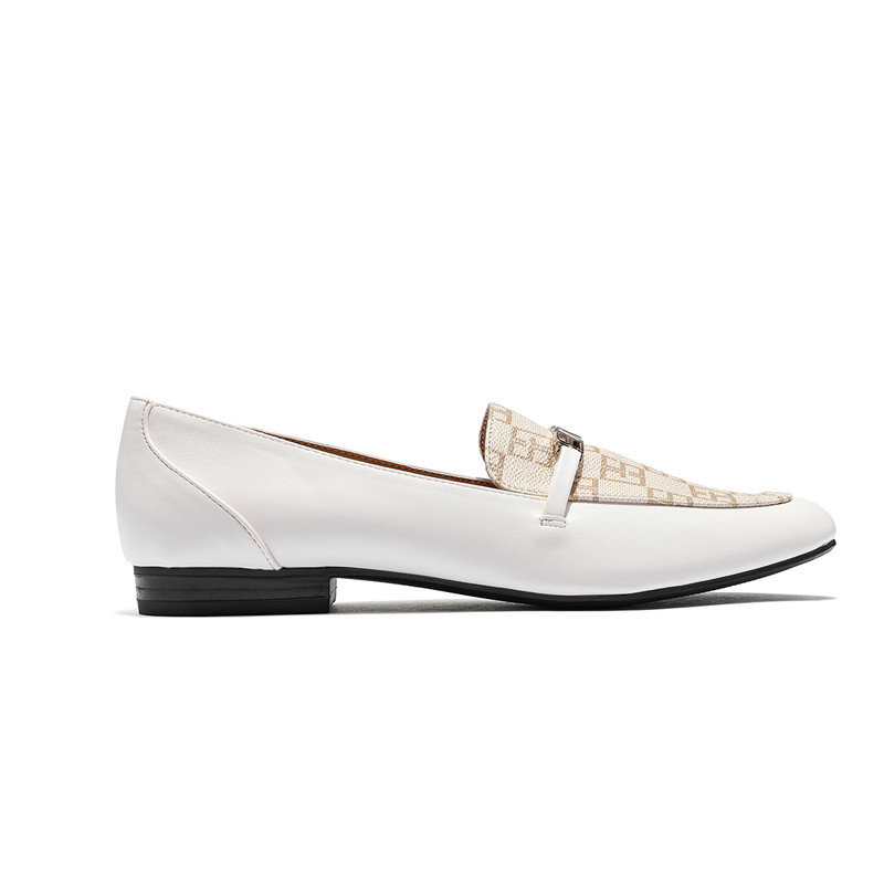 Leather Women's Loafers With Metallic Logo Beige/White