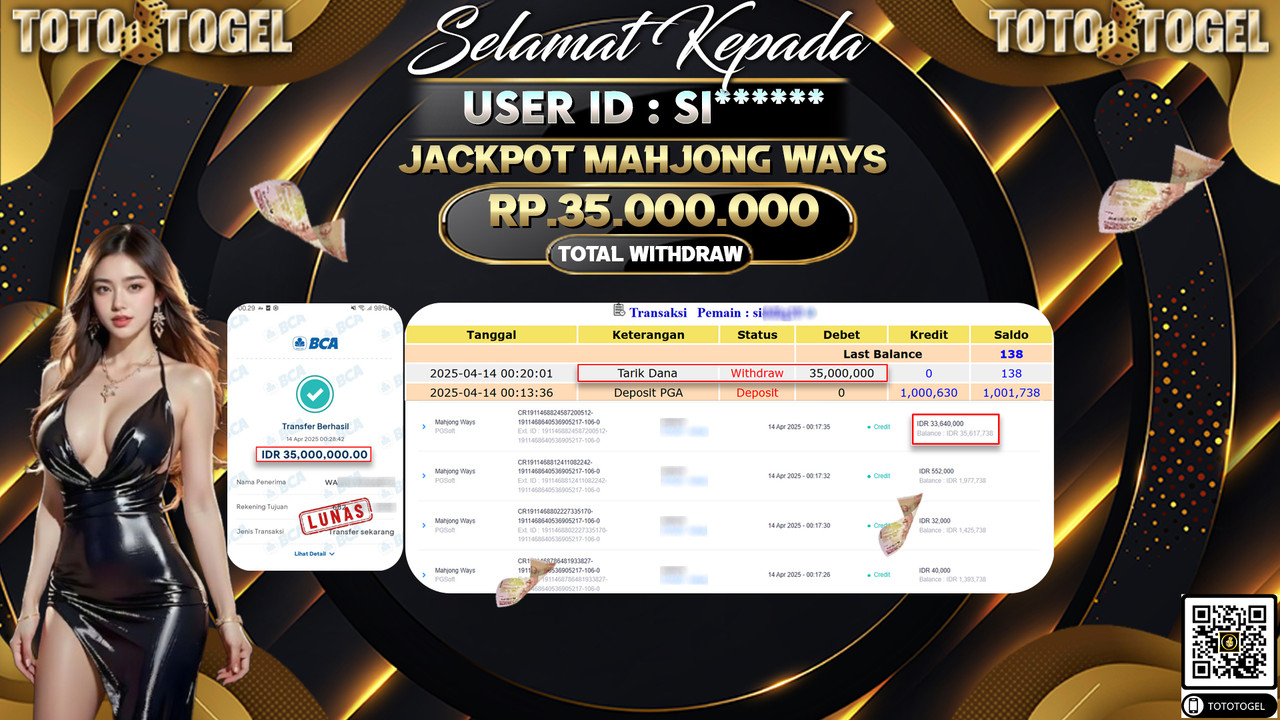 Bukti Pembayaran Jackpot  Permainan Slot Mahjong Ways ID:SI****** LUNAS