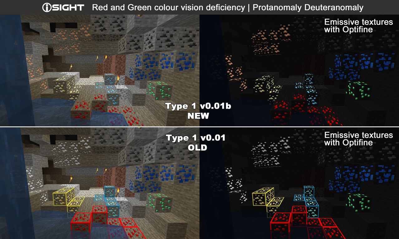 iSIGHT Red Green Color Blindness Texture Pack Addon Type 1 | [1.16.x] [1.15.x] [1.14.x]  | Red Green Colour Vision Deficiency Aid | Protanomaly Deuteranomaly | Glow in the Dark (Optifine) Minecraft Texture Pack