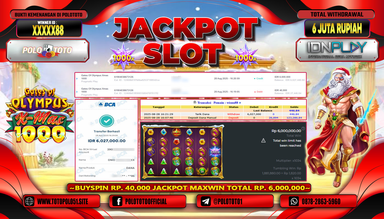 POLOTOTO JACKPOT SLOT GATES OF OLYMPUS XMAS Rp.6.000.000,- LUNAS