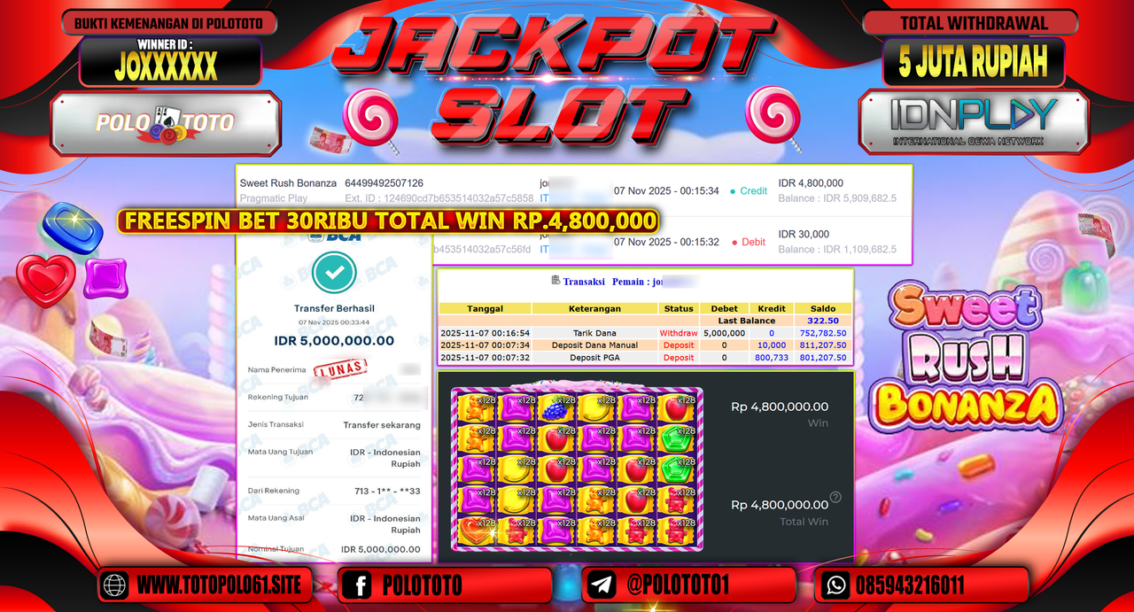 POLOTOTO JACKPOT SLOT SWEET RUSH BONANZA Rp.5.000.000,- LUNAS