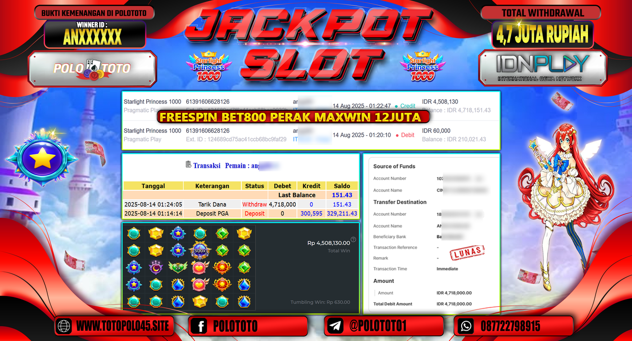 POLOTOTO JACKPOT SLOT STARLIGHT PRINCESS 1000 Rp.4.718.000,-LUNAS
