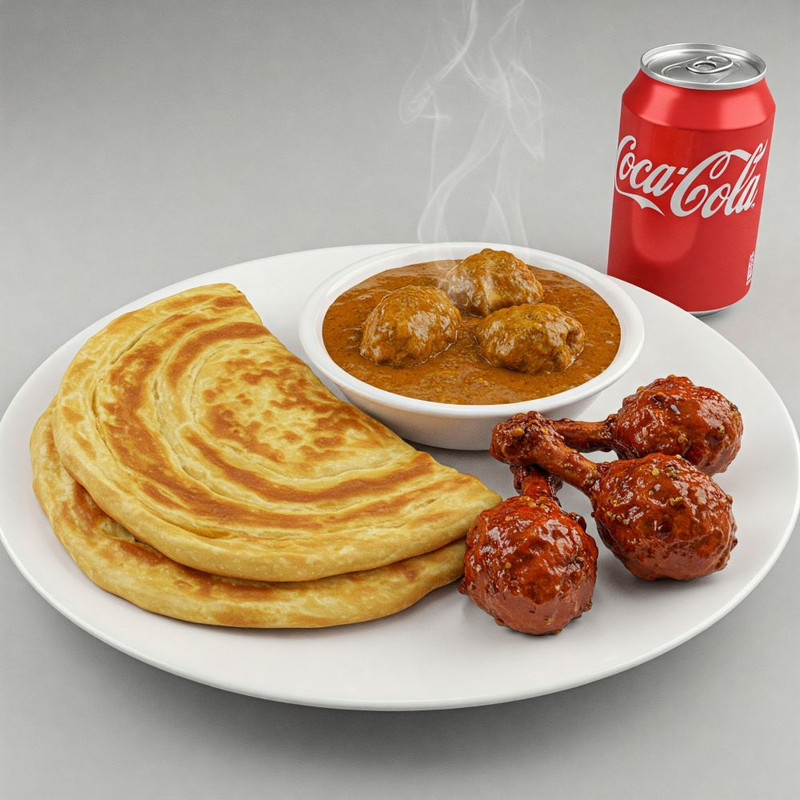 Parota 2+ Chicken curry 1pc + chicken lollipop  2pc + soda