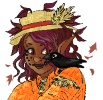 Sage, in her Autumn style, is looking much like a scarecrow. She has a crow on her shoulder.