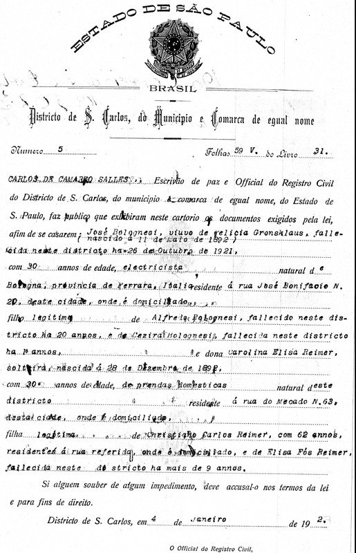 Antenato Italiano Avô José Bolognesi Proclama casamento Jose  e 