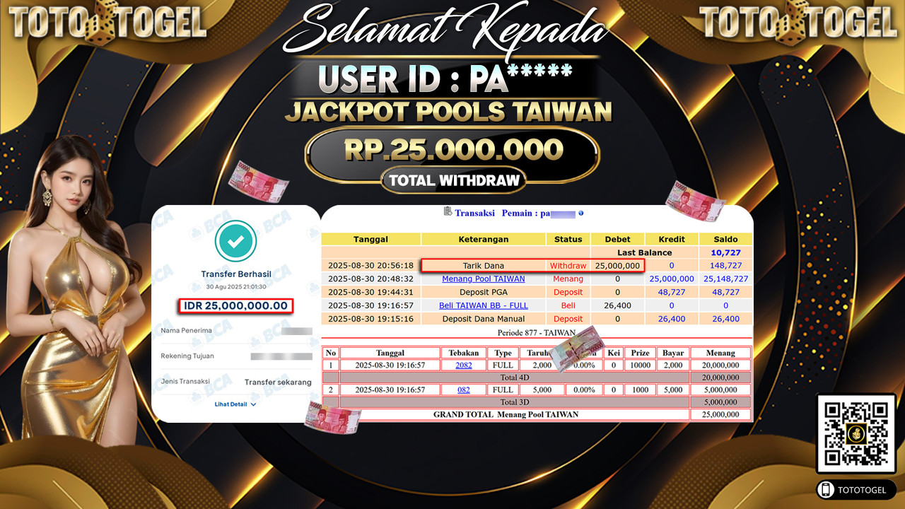 Bukti Pembayaran Jackpot Permainan Togel Pools Taiwan ID:PA***** LUNAS
