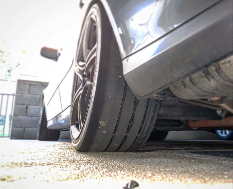 Mercedes performance tire alignment example showing aggressive camber and track wear