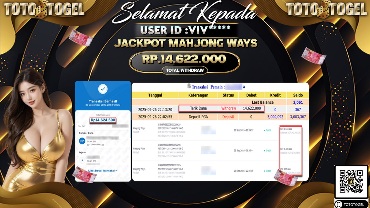 Bukti Pembayaran Jackpot Permainan Slot Mahjong Ways ID:VIV*** LUNAS