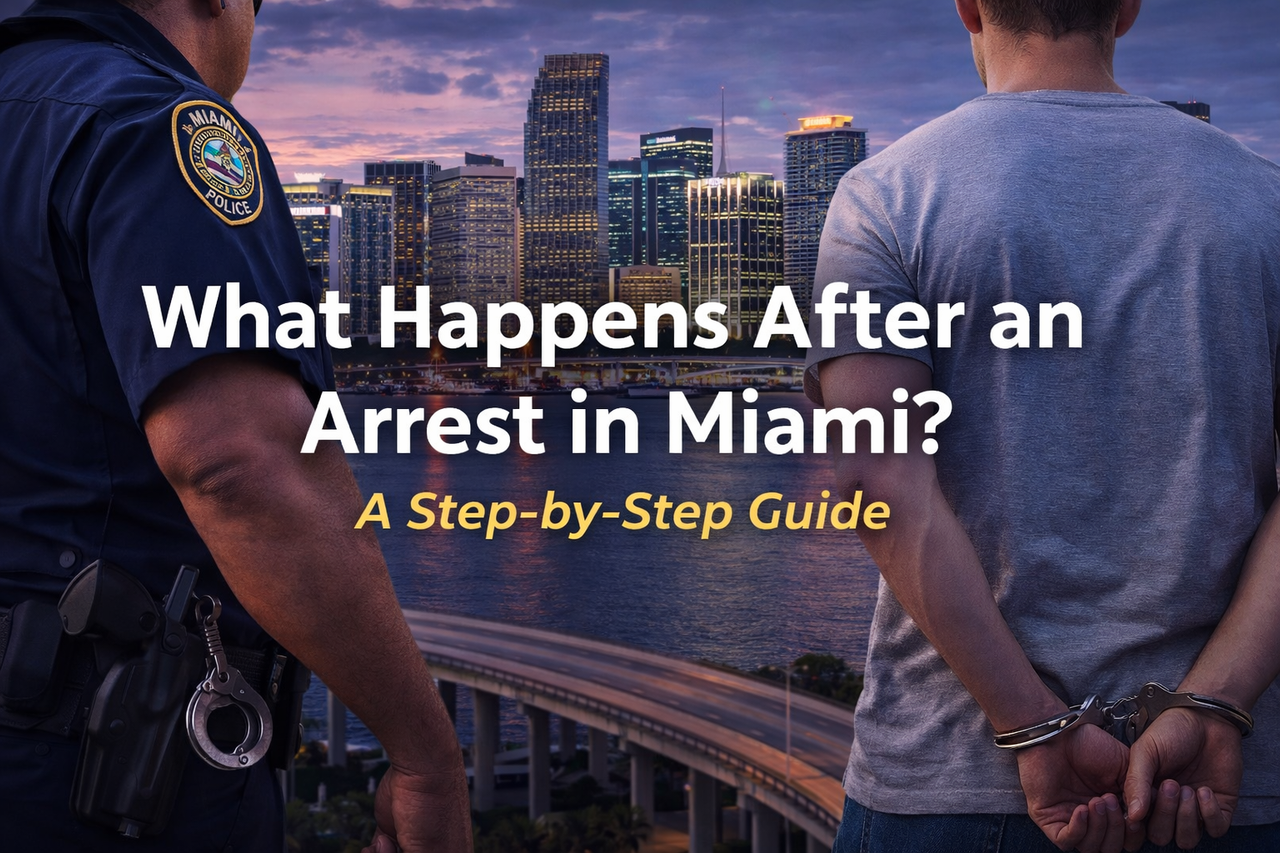 Miami skyline at night representing the Miami arrest process from booking to release