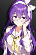 1girl, touhou, purple hair, purple eyes, long hair, hair, small breasts,  labcoat, white shirt, ribb
