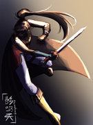 colored digital sketch of the character Sidne by Kiu_Yu on Art Fight posing with a sword with very harsh lighting from the right.