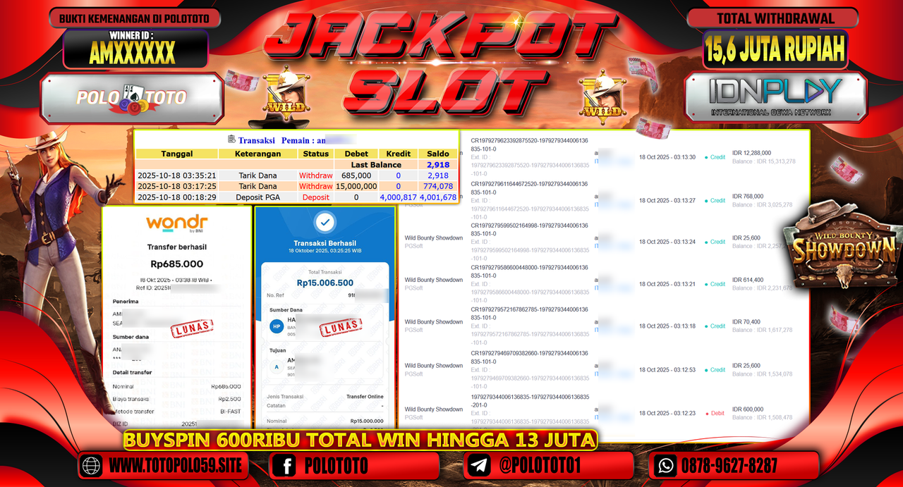 POLOTOTO JACKPOT SLOT WILD BOUNTHY SHOWDOWN Rp.15.600.000,- LUNAS