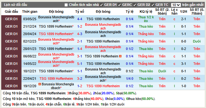 Thành tích đối đầu Hoffenheim vs Monchengladbach