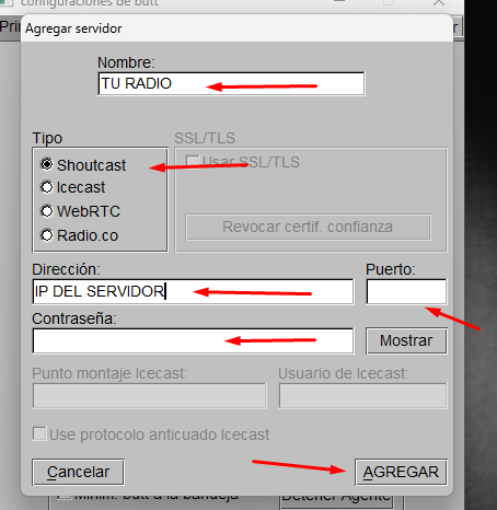 Configuración del servidor Shoutcast en BUTT con campos para nombre, IP, puerto y contraseña
