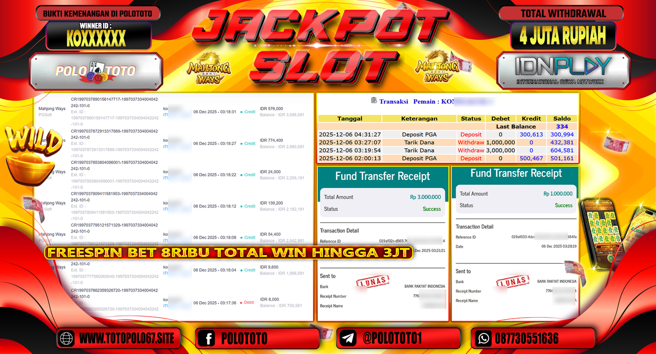 POLOTOTO JACKPOT SLOT MAHJONG WAYS Rp.4.000.000,- LUNAS