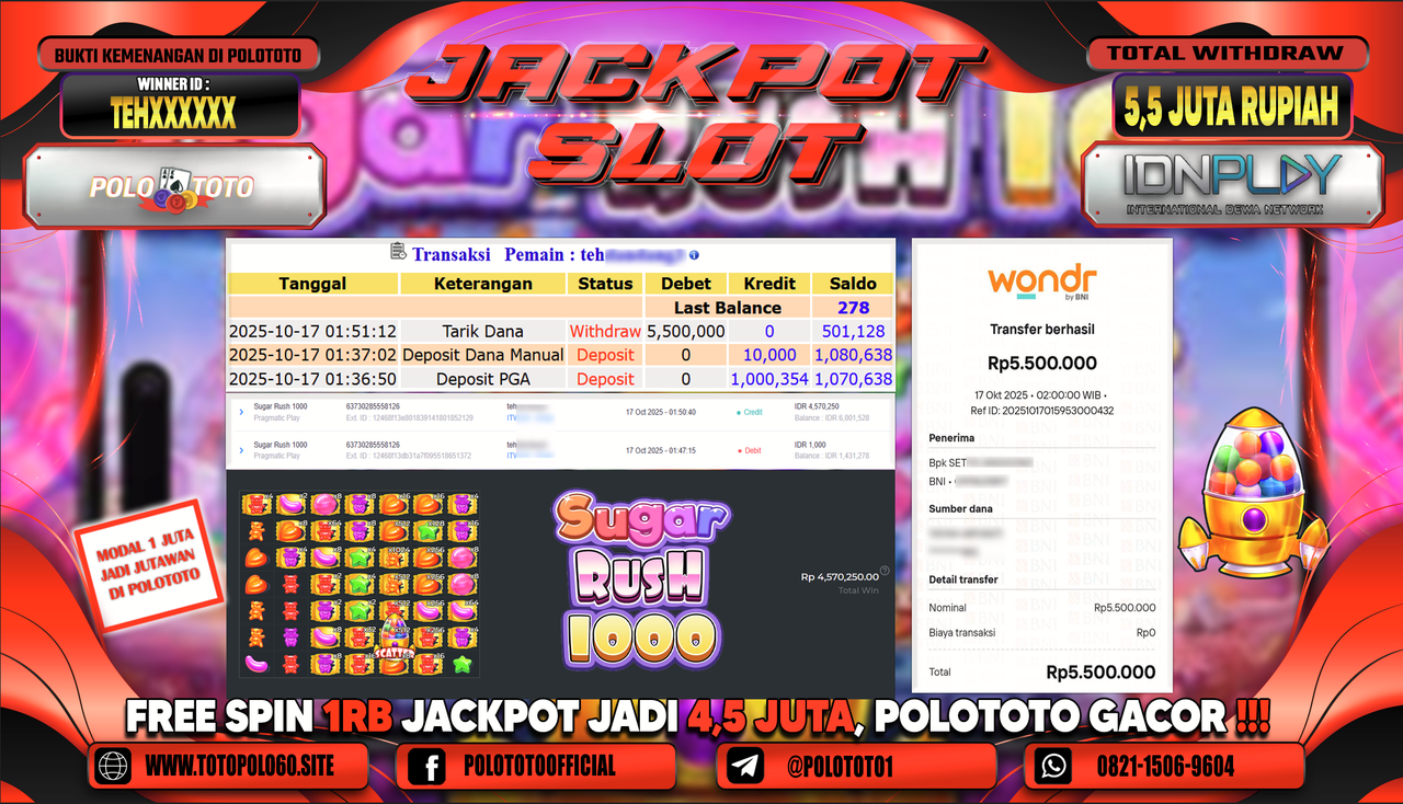 POLOTOTO JACKPOT SLOT SUGAR RUSH 1000 Rp.5.500.000,-