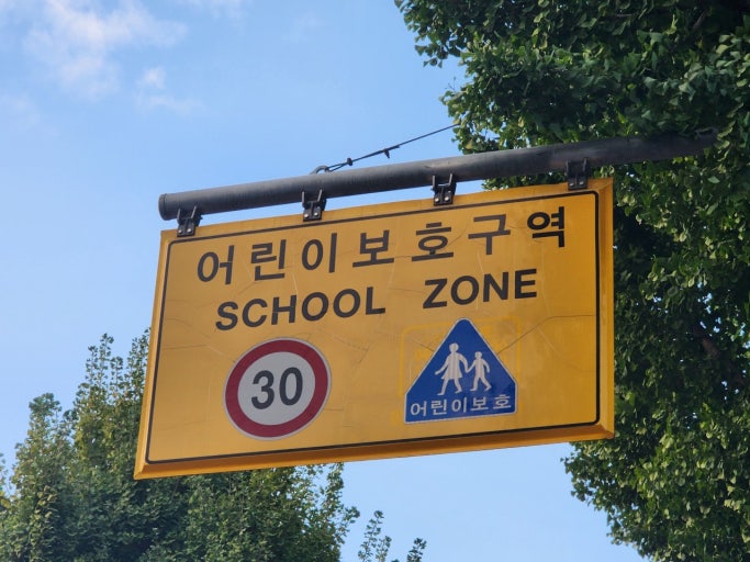 Korean school zone sign reading 'School Zone, 30 km/h' with a pedestrian crossing symbol