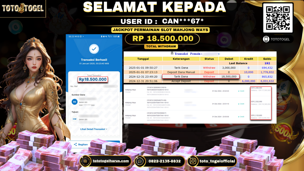 Bukti Pembayaran Jackpot  Permainan Slot Mahjong Ways  : CAN***67* LUNAS