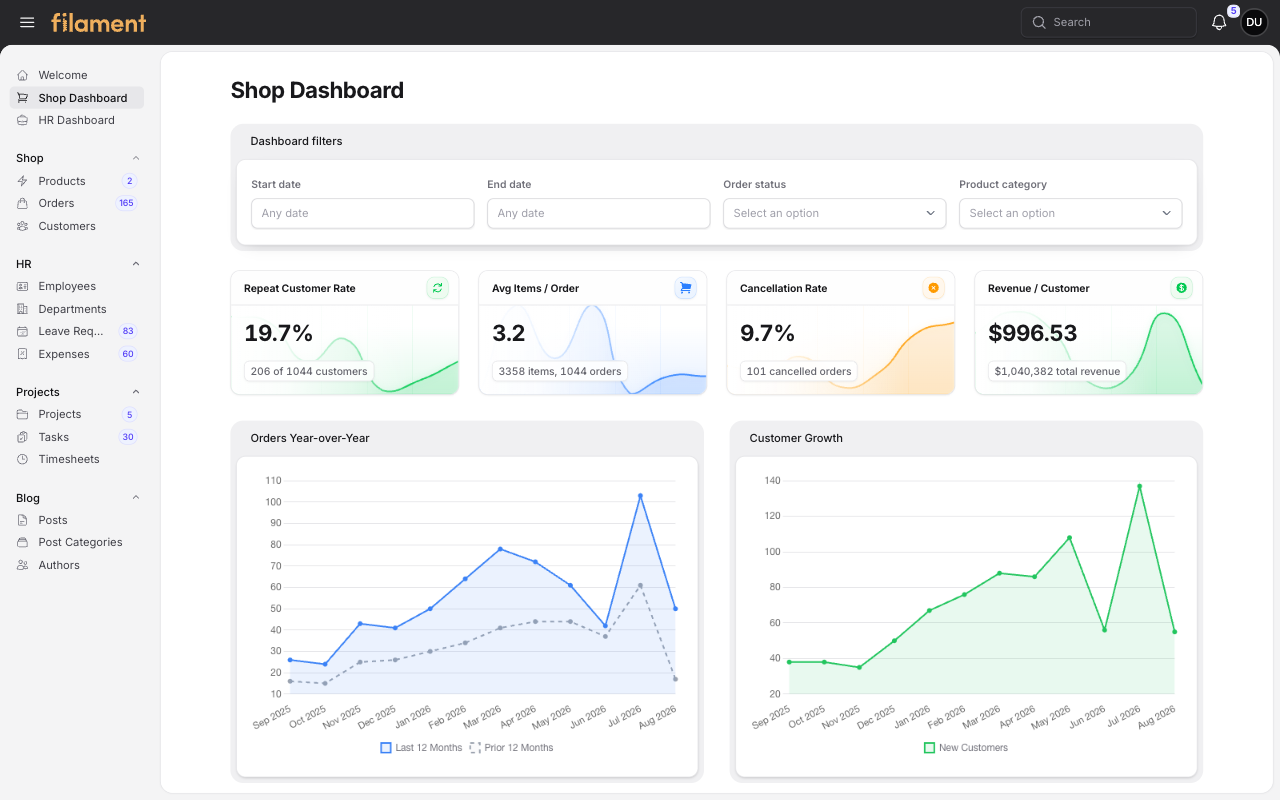 Stature Theme Shop Dashboard with sidebar navigation in light mode