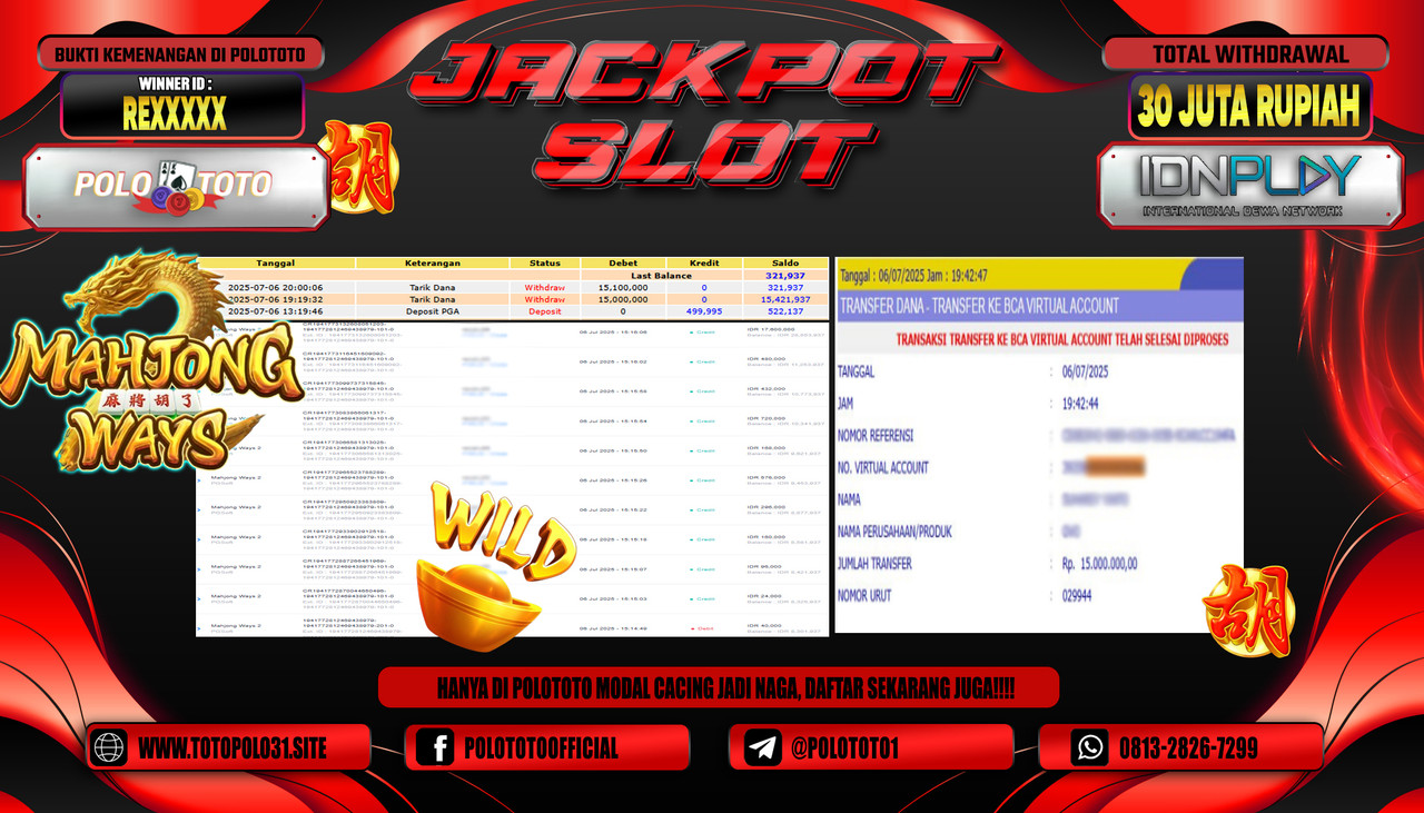 POLOTOTO JACKPOT SLOT MAHJONG WAYS 2 Rp.30.000.000,- LUNAS