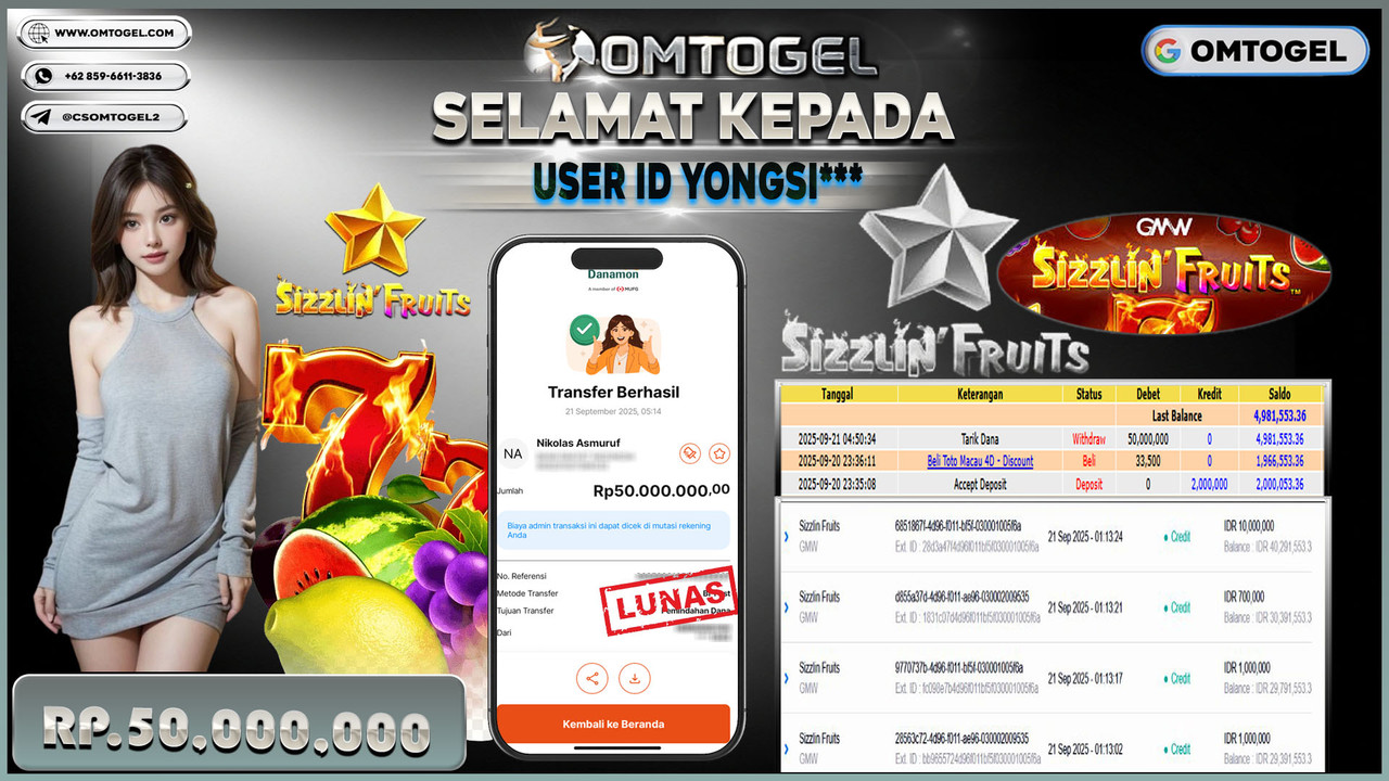 OMTOGEL JACKPOT GMW SIZZIN FRUITS 50 JUTA DI BAYAR LUNAS ,-