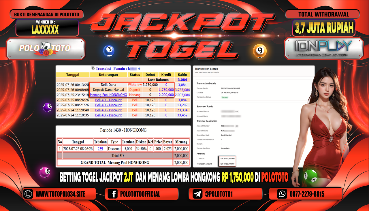 POLOTOTO JACKPOT TOGEL HONGKONG LOTTO Rp.3.700.000,- LUNAS