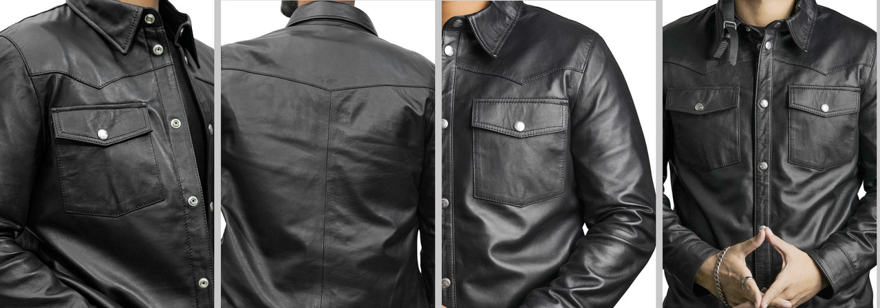 black leather motorcycle jacket/shirt with premium leather texture, button details, and adjustable double-button cuffs