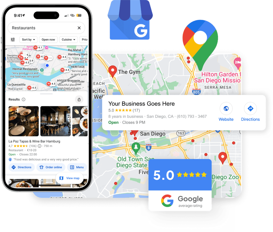 Google Maps interface displaying a location with highlighted Google Reviews and ratings for nearby businesses.