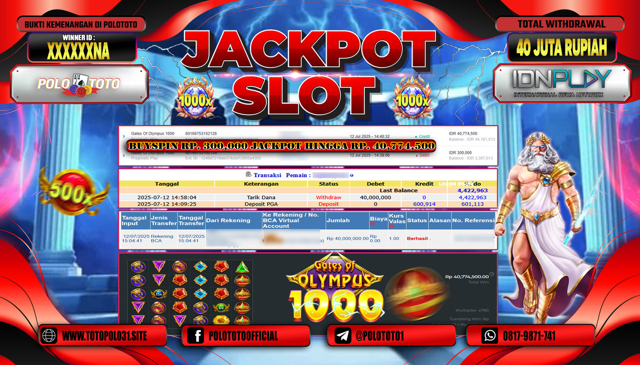 POLOTOTO JACKPOT SLOT GATES OF OLYMPUS 1000 Rp.40.000.000,- LUNAS