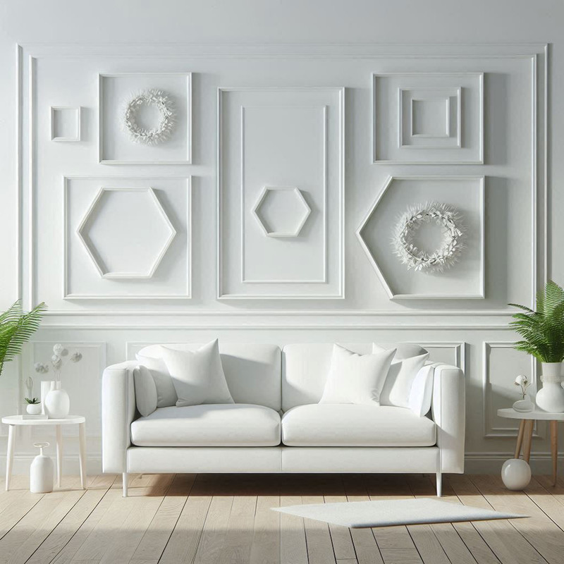 Modern White Living Room Wall Design With 3D Geometric Panelling