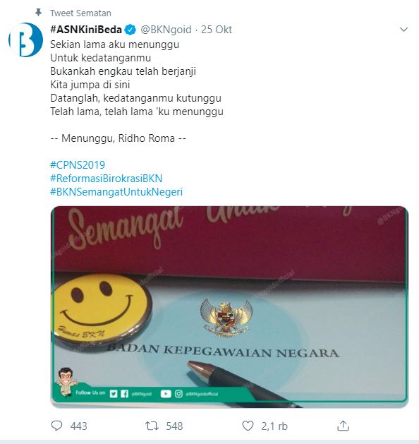 BKN menjawab keresahan para calon pendaftar CPNS 2019 dengan penggalan lirik lagu 'Menunggu'