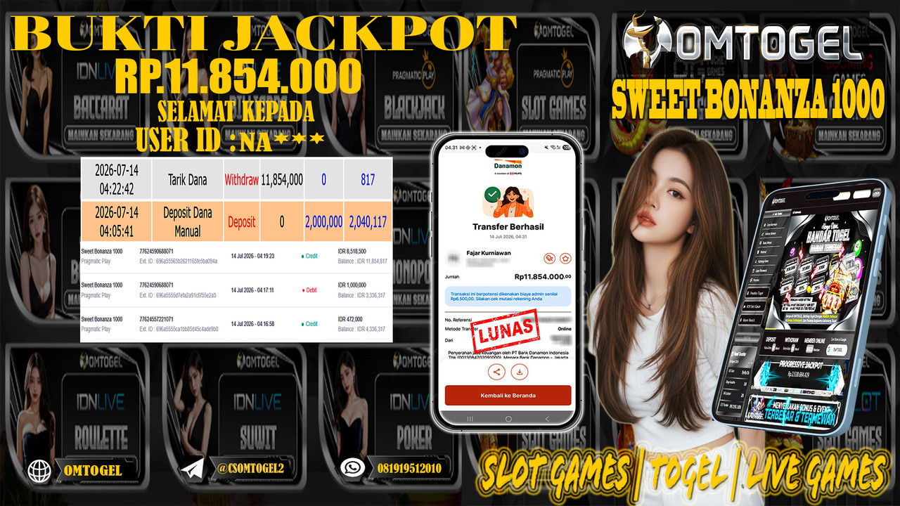 OMTOGEL JACKPOT PRAGMATICPLAY SWEET BONANZA 1000  Rp.11,854,000,- DIBAYAR LUNAS
