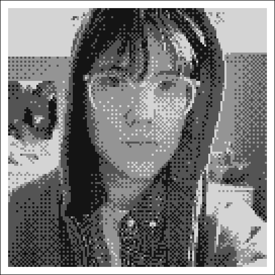 black-and-white, pixelated, Gameboy Camera-ified portrait of Mel with their hood up