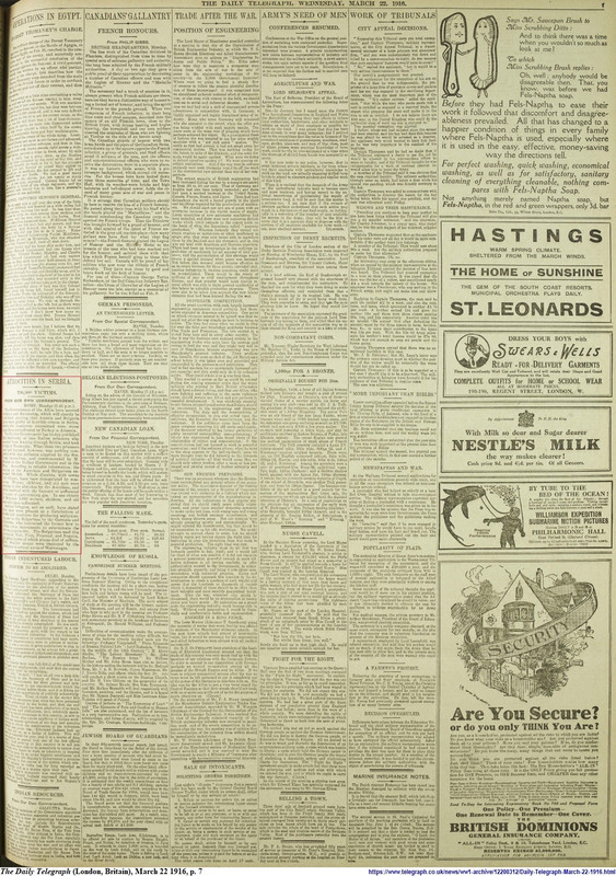 WW1 - The London Daily Telegraph - March 1916 - Atrocities in Se