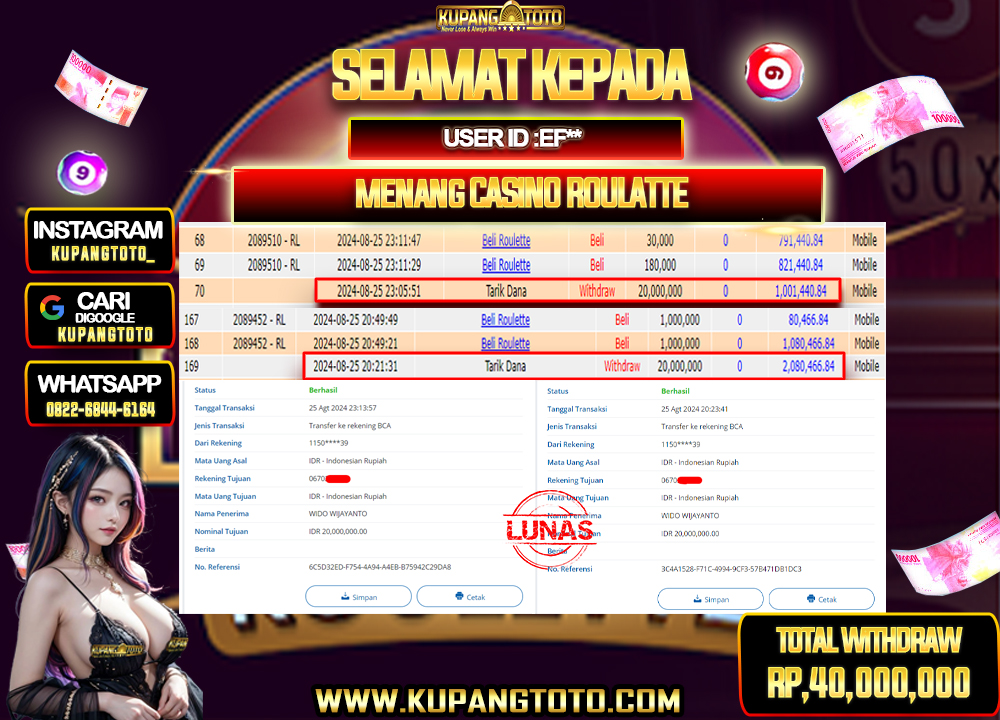 SELAMAT KEPADA MEMBER KUPANGTOTO JACKPOT Casino Roulette Rp.40.000.000,- LUNAS