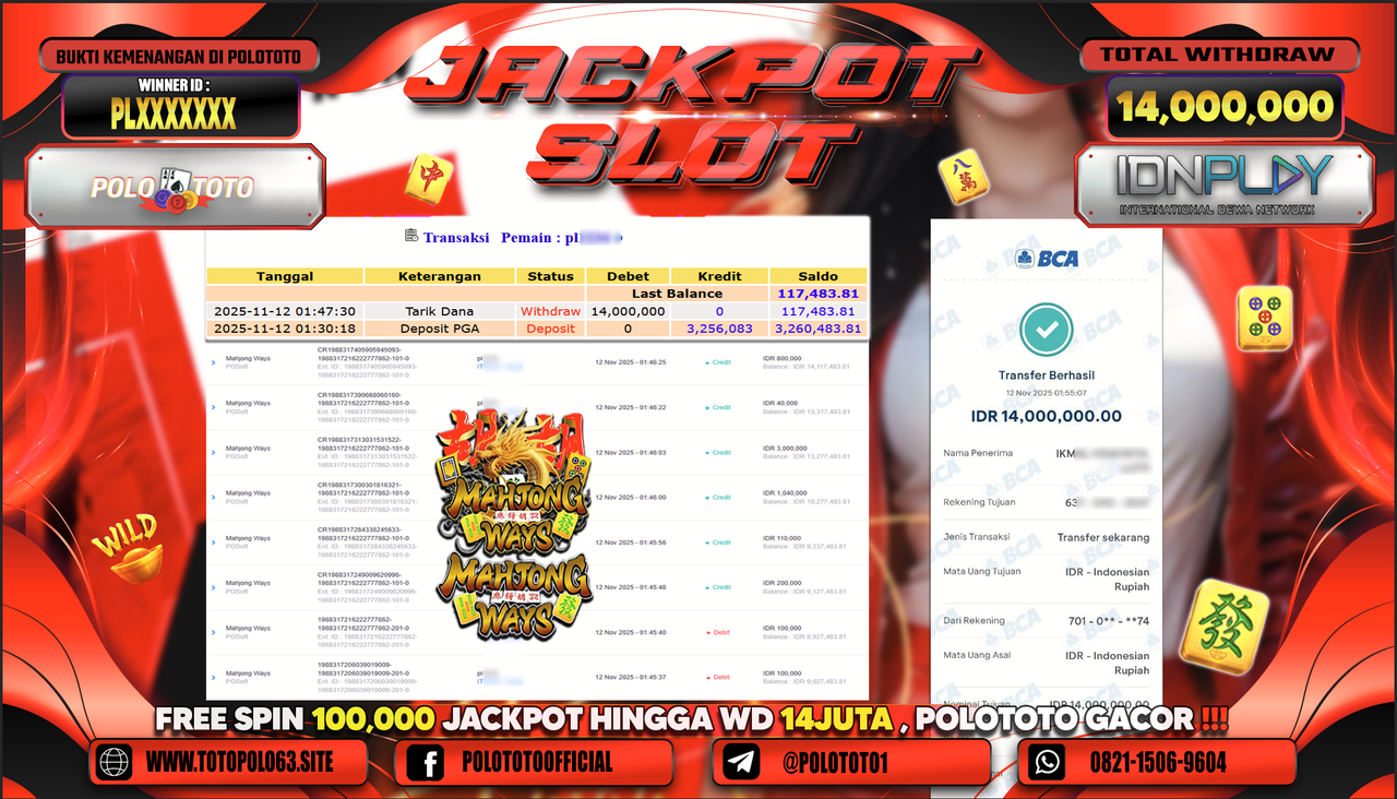 POLOTOTO JACKPOT SLOT MAHJONG WAYS Rp.14.000.000,- LUNAS