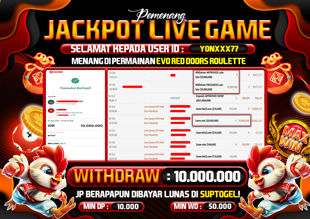  BUKTI KEMENANGAN 05 OCTOBER 2025 MENANG DI PERMAINAN  EVO RED DOORD ROULETTE 10 JUTA