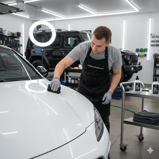 Detailer applying ceramic coating with applicator pad on vehicle paint panel