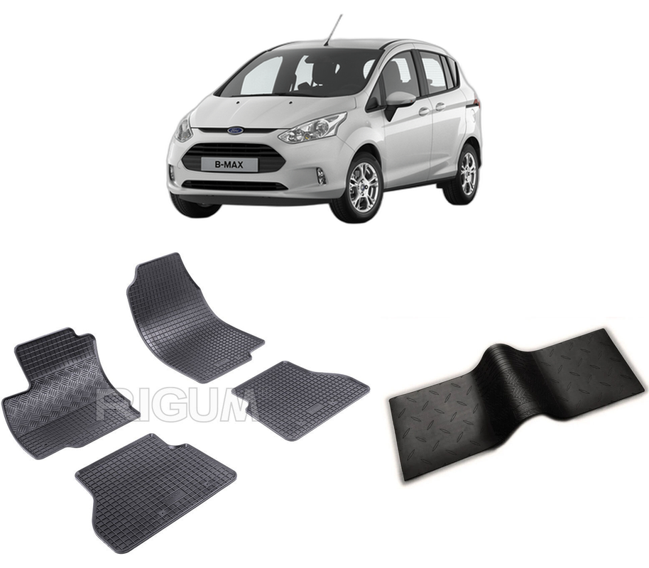 Set covorase auto FORD B-MAX din 09.2012-11.2017, cu covoras tunel median, CAROSERIE VAN, Presuri cauciuc 100%, compatibil cu autoturismul FORD B-MAX, Rigum