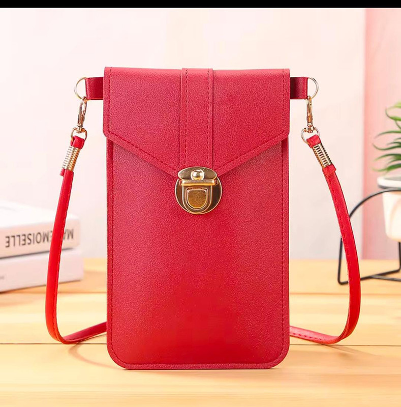 Womens PU Leather Phone Holder With Neck Strap Wallets Touch Screen Bags(Red)