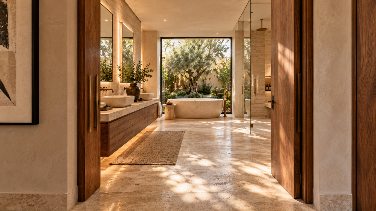 Salón con suelo de piedra natural, chimenea y escalera de madera (IMG REF)