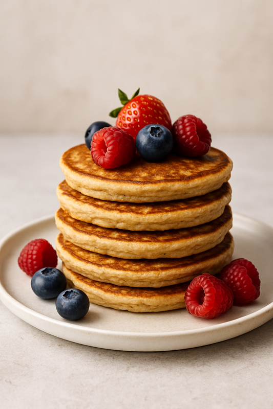 Protein-Pancakes gestapelt mit Beeren