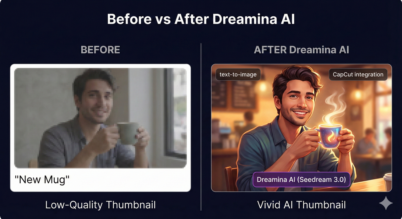 Before and after comparison showing a bland low-quality thumbnail on the left versus a vivid high-resolution Dreamina AI Seedream 3.0 generated thumbnail on the right with text-to-image and CapCut integration labels